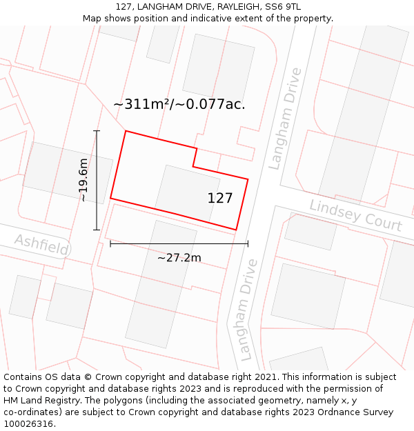 127, LANGHAM DRIVE, RAYLEIGH, SS6 9TL: Plot and title map