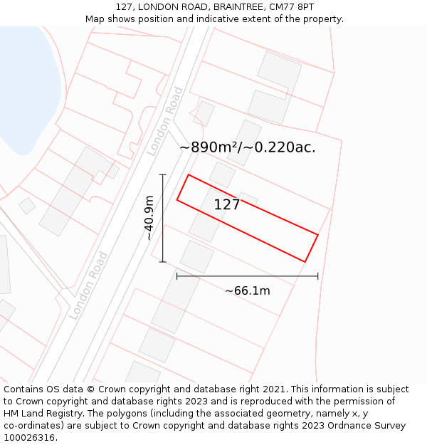 127, LONDON ROAD, BRAINTREE, CM77 8PT: Plot and title map
