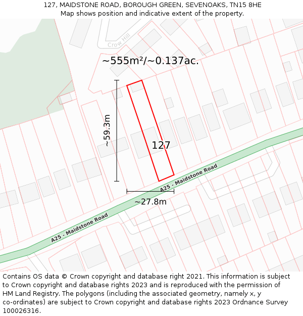 127, MAIDSTONE ROAD, BOROUGH GREEN, SEVENOAKS, TN15 8HE: Plot and title map