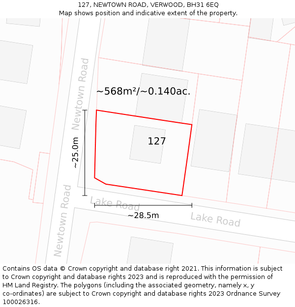 127, NEWTOWN ROAD, VERWOOD, BH31 6EQ: Plot and title map