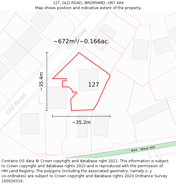 127, OLD ROAD, BROMYARD, HR7 4AX: Plot and title map