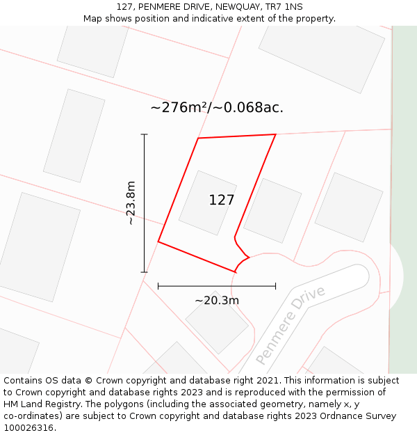 127, PENMERE DRIVE, NEWQUAY, TR7 1NS: Plot and title map