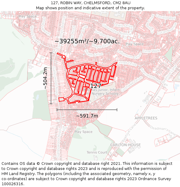 127, ROBIN WAY, CHELMSFORD, CM2 8AU: Plot and title map