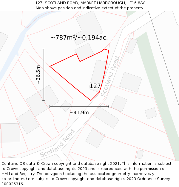 127, SCOTLAND ROAD, MARKET HARBOROUGH, LE16 8AY: Plot and title map