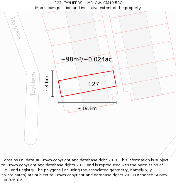 127, TAYLIFERS, HARLOW, CM19 5RG: Plot and title map