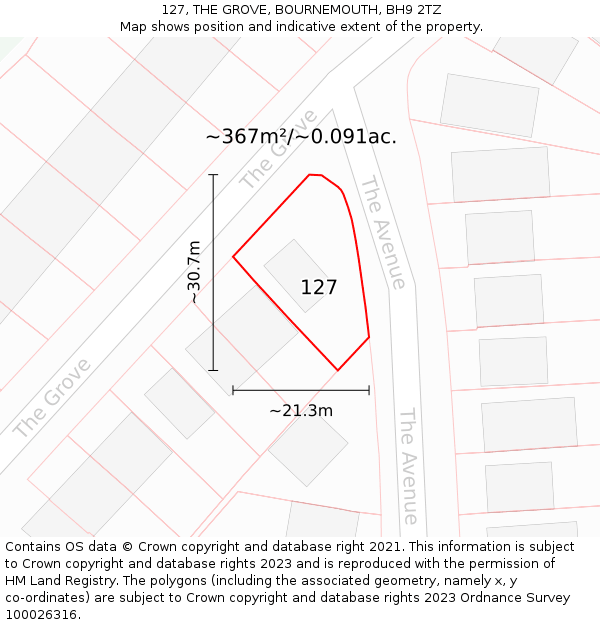 127, THE GROVE, BOURNEMOUTH, BH9 2TZ: Plot and title map