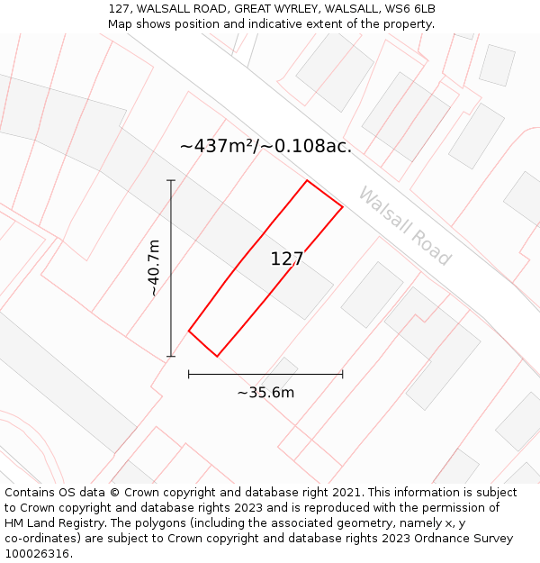 127, WALSALL ROAD, GREAT WYRLEY, WALSALL, WS6 6LB: Plot and title map