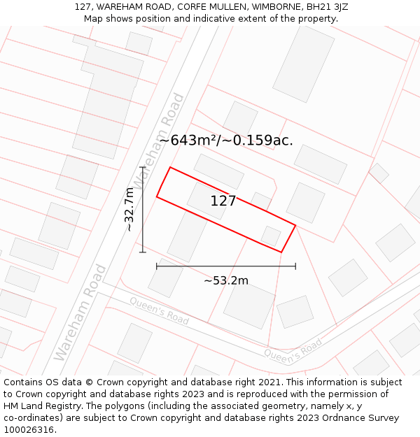 127, WAREHAM ROAD, CORFE MULLEN, WIMBORNE, BH21 3JZ: Plot and title map