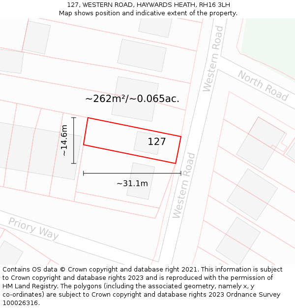 127, WESTERN ROAD, HAYWARDS HEATH, RH16 3LH: Plot and title map