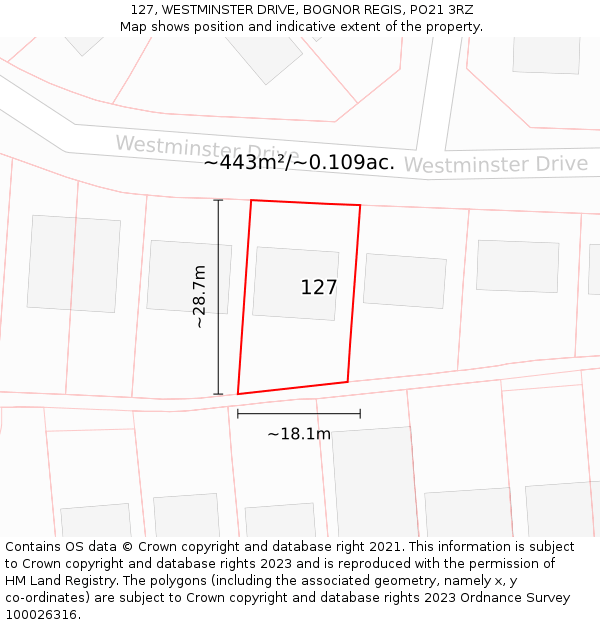 127, WESTMINSTER DRIVE, BOGNOR REGIS, PO21 3RZ: Plot and title map