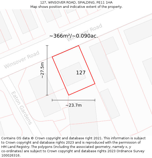 127, WINSOVER ROAD, SPALDING, PE11 1HA: Plot and title map