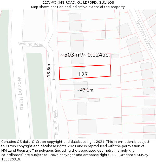 127, WOKING ROAD, GUILDFORD, GU1 1QS: Plot and title map