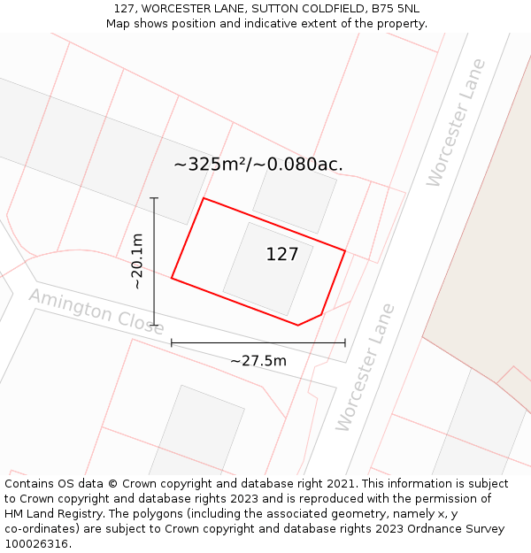 127, WORCESTER LANE, SUTTON COLDFIELD, B75 5NL: Plot and title map