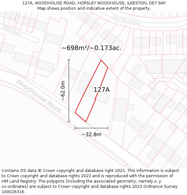 127A, WOODHOUSE ROAD, HORSLEY WOODHOUSE, ILKESTON, DE7 6AY: Plot and title map