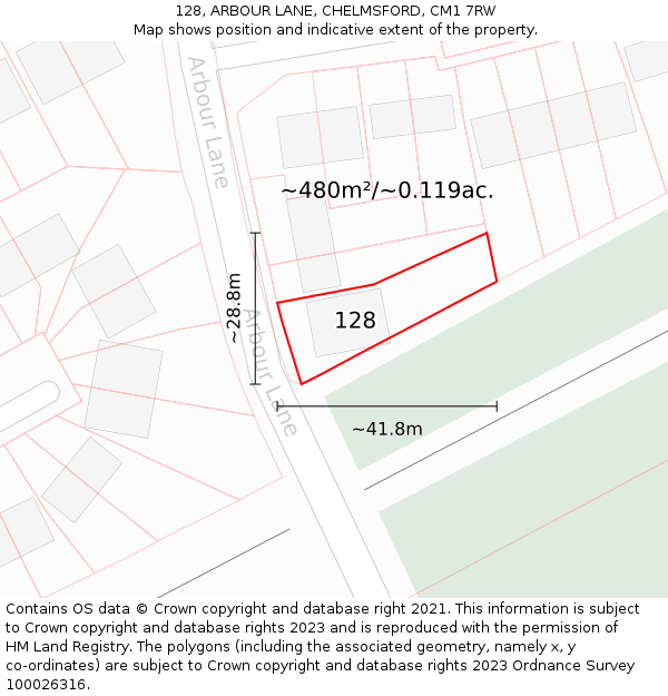 128, ARBOUR LANE, CHELMSFORD, CM1 7RW: Plot and title map