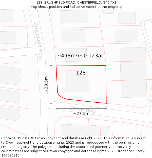 128, BRUSHFIELD ROAD, CHESTERFIELD, S40 4XE: Plot and title map