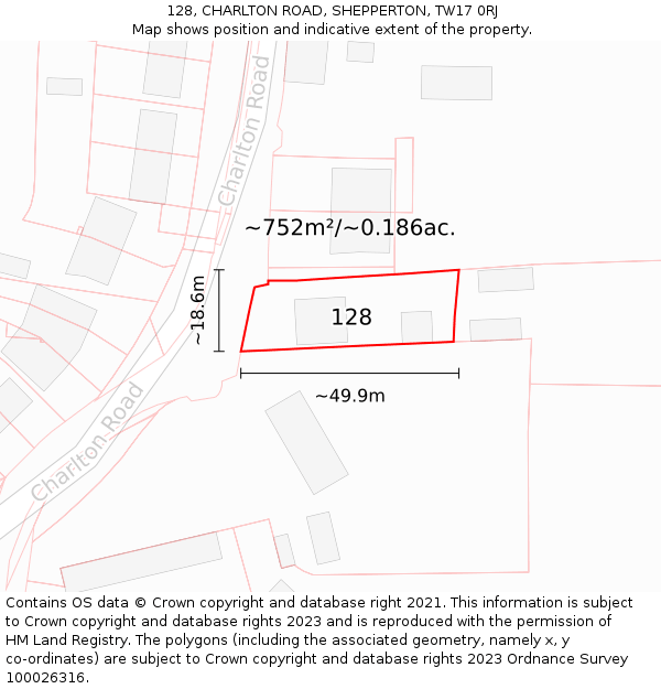 128, CHARLTON ROAD, SHEPPERTON, TW17 0RJ: Plot and title map