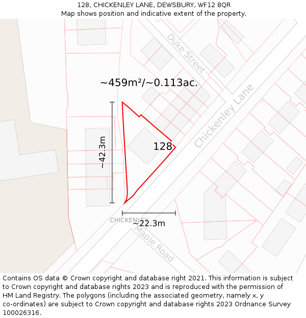 128, CHICKENLEY LANE, DEWSBURY, WF12 8QR: Plot and title map