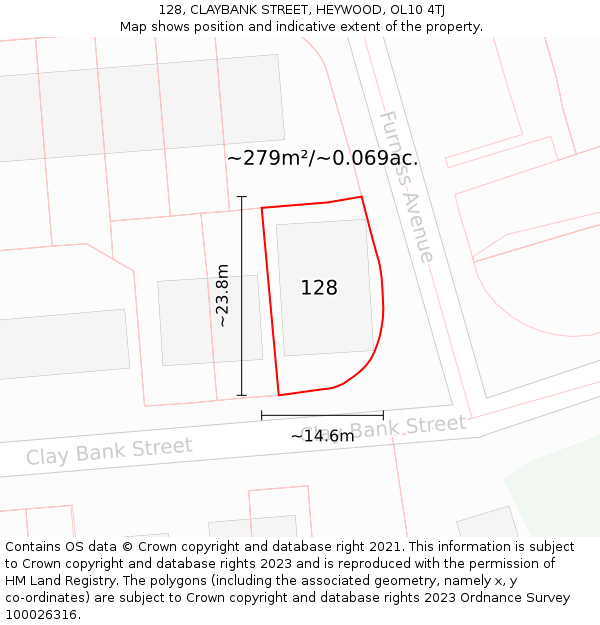 128, CLAYBANK STREET, HEYWOOD, OL10 4TJ: Plot and title map
