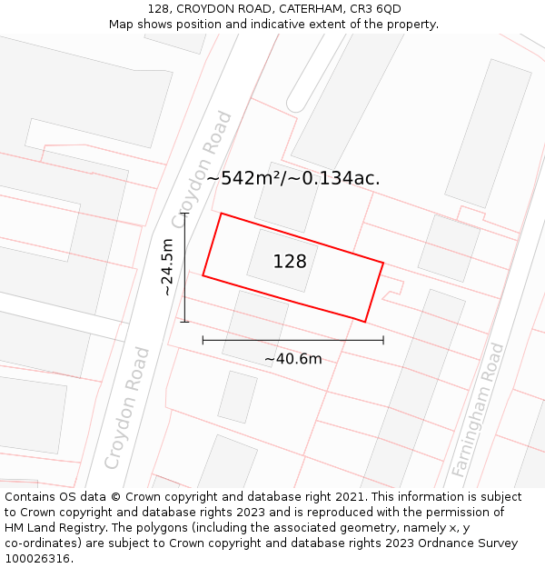 128, CROYDON ROAD, CATERHAM, CR3 6QD: Plot and title map