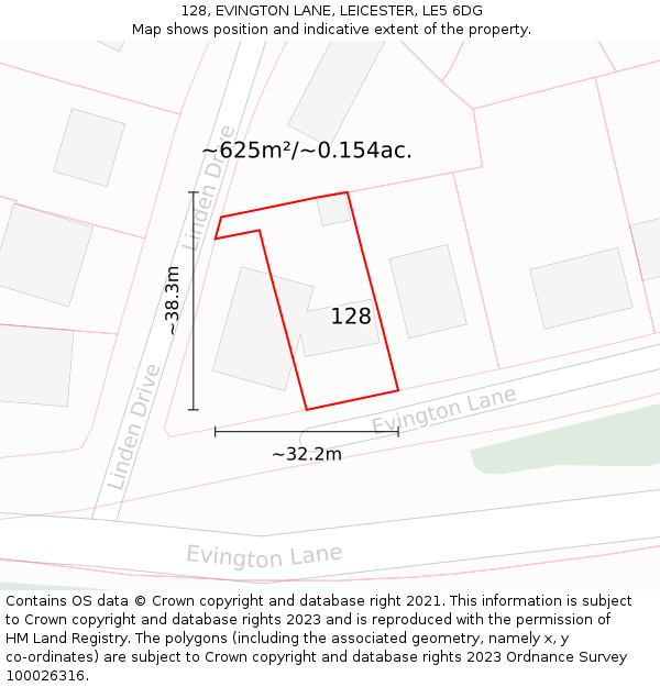 128, EVINGTON LANE, LEICESTER, LE5 6DG: Plot and title map