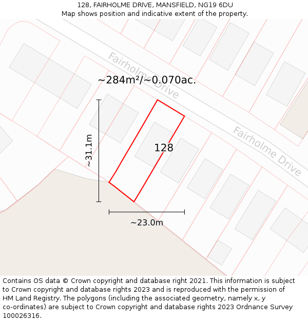 128, FAIRHOLME DRIVE, MANSFIELD, NG19 6DU: Plot and title map