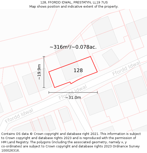 128, FFORDD IDWAL, PRESTATYN, LL19 7US: Plot and title map