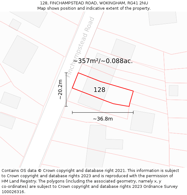 128, FINCHAMPSTEAD ROAD, WOKINGHAM, RG41 2NU: Plot and title map