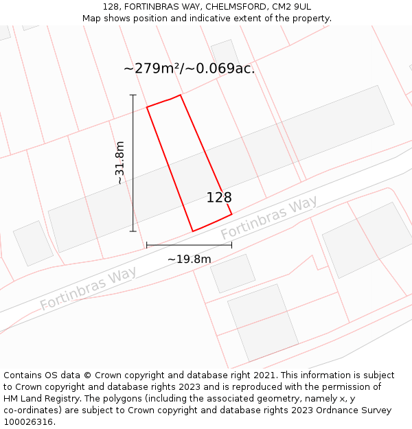 128, FORTINBRAS WAY, CHELMSFORD, CM2 9UL: Plot and title map