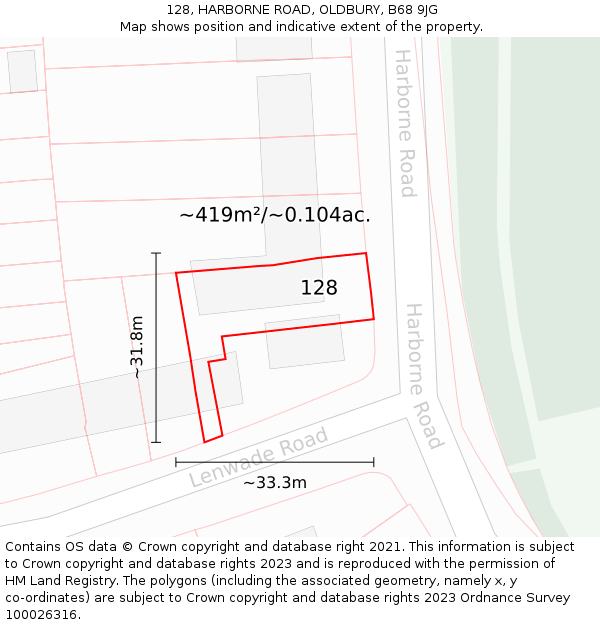 128, HARBORNE ROAD, OLDBURY, B68 9JG: Plot and title map