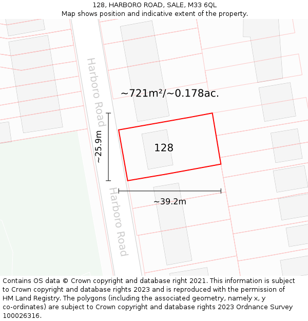 128, HARBORO ROAD, SALE, M33 6QL: Plot and title map