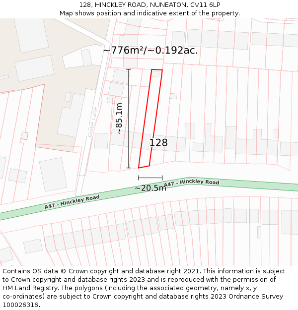 128, HINCKLEY ROAD, NUNEATON, CV11 6LP: Plot and title map