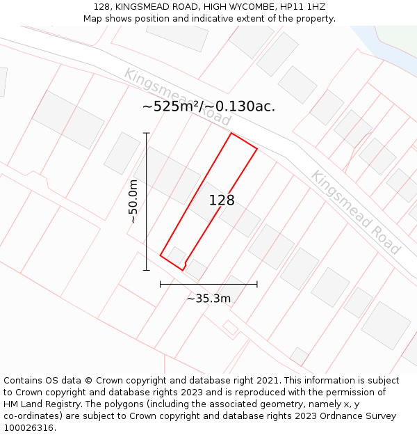 128, KINGSMEAD ROAD, HIGH WYCOMBE, HP11 1HZ: Plot and title map