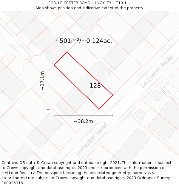 128, LEICESTER ROAD, HINCKLEY, LE10 1LU: Plot and title map