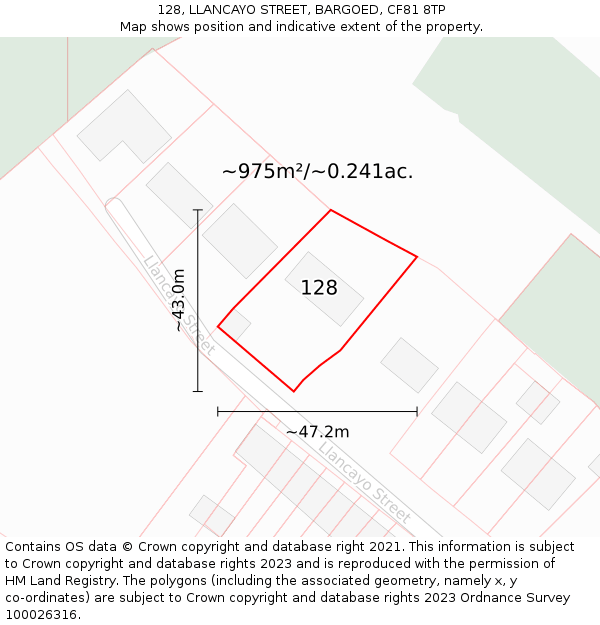 128, LLANCAYO STREET, BARGOED, CF81 8TP: Plot and title map