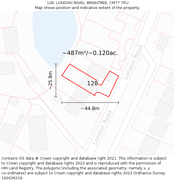 128, LONDON ROAD, BRAINTREE, CM77 7PU: Plot and title map