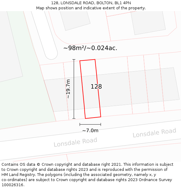 128, LONSDALE ROAD, BOLTON, BL1 4PN: Plot and title map
