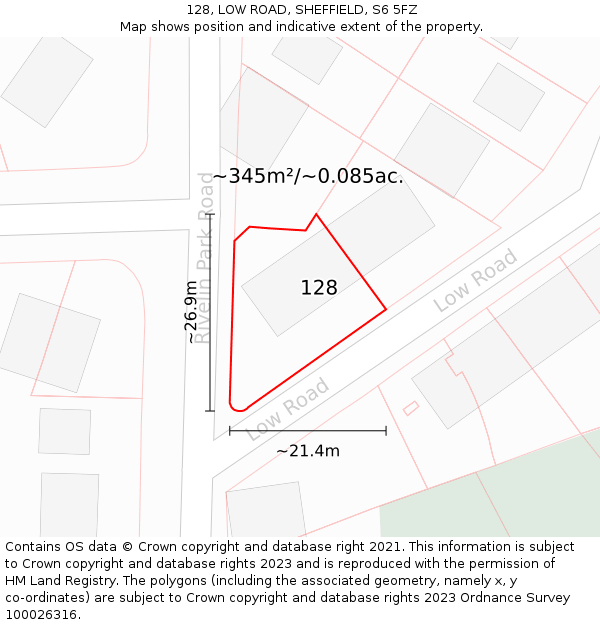 128, LOW ROAD, SHEFFIELD, S6 5FZ: Plot and title map