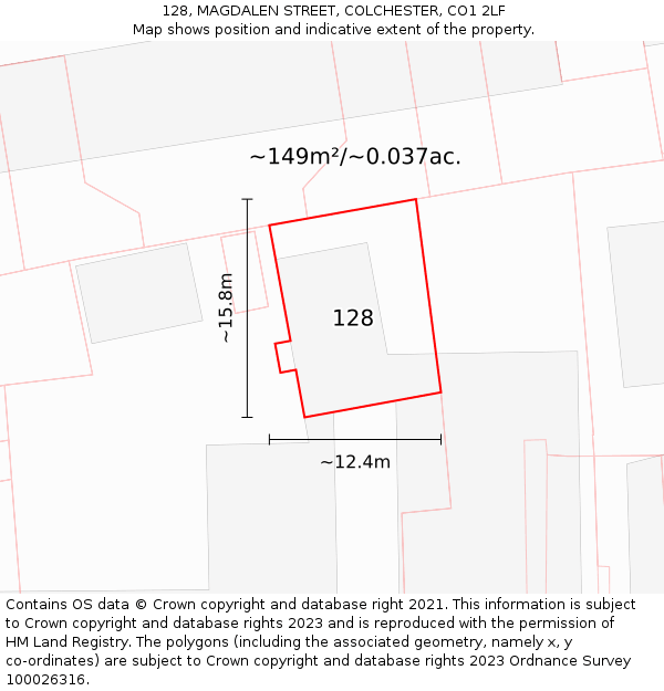 128, MAGDALEN STREET, COLCHESTER, CO1 2LF: Plot and title map