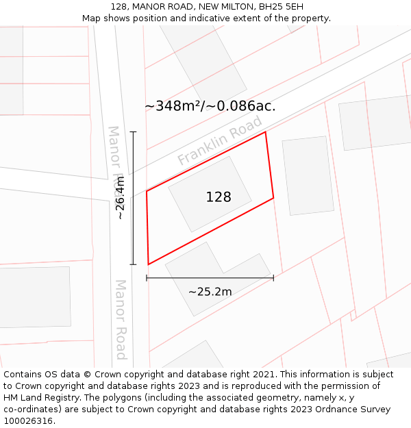 128, MANOR ROAD, NEW MILTON, BH25 5EH: Plot and title map