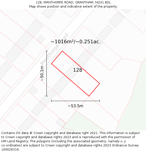 128, MANTHORPE ROAD, GRANTHAM, NG31 8DL: Plot and title map