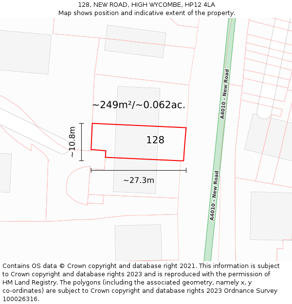 128, NEW ROAD, HIGH WYCOMBE, HP12 4LA: Plot and title map