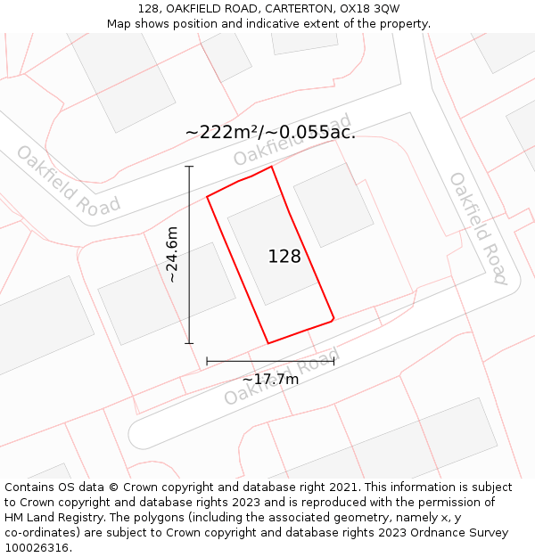 128, OAKFIELD ROAD, CARTERTON, OX18 3QW: Plot and title map