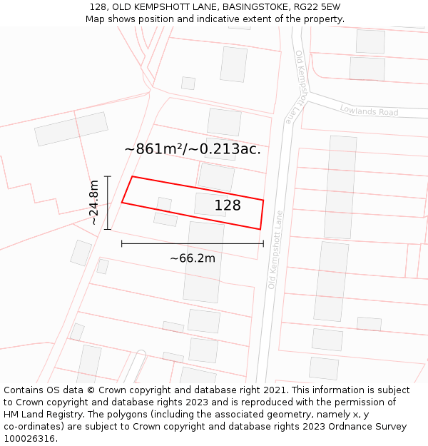 128, OLD KEMPSHOTT LANE, BASINGSTOKE, RG22 5EW: Plot and title map