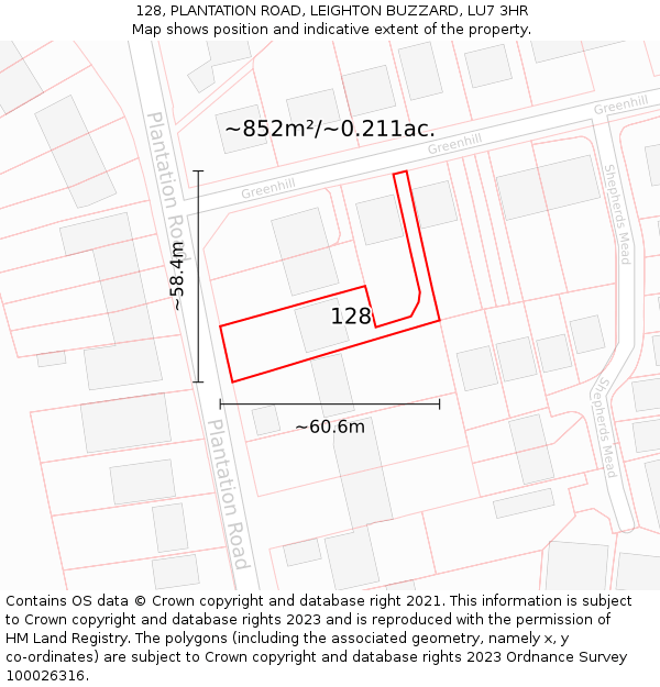 128, PLANTATION ROAD, LEIGHTON BUZZARD, LU7 3HR: Plot and title map