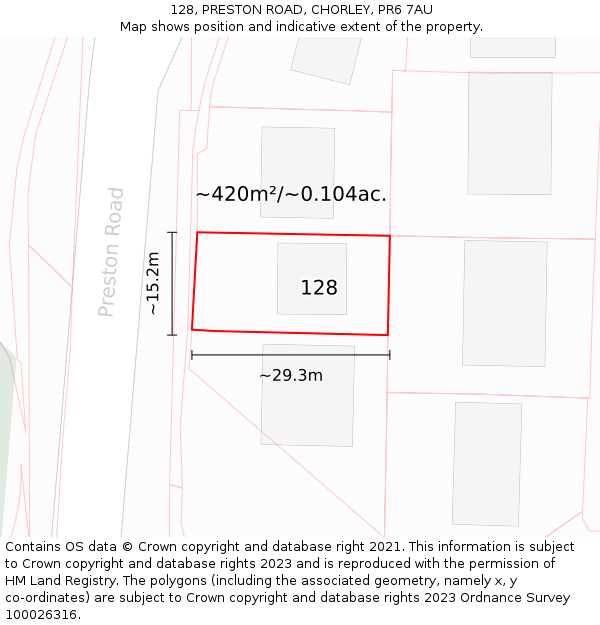 128, PRESTON ROAD, CHORLEY, PR6 7AU: Plot and title map