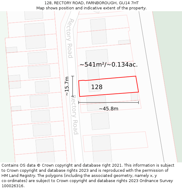 128, RECTORY ROAD, FARNBOROUGH, GU14 7HT: Plot and title map