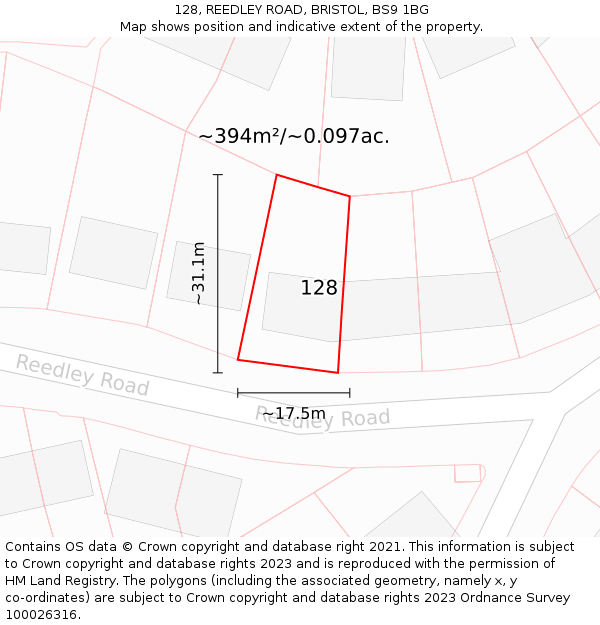 128, REEDLEY ROAD, BRISTOL, BS9 1BG: Plot and title map