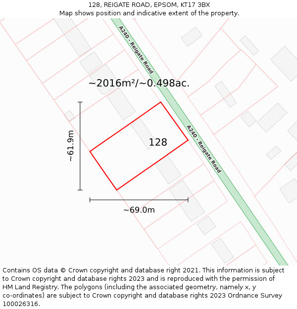 128, REIGATE ROAD, EPSOM, KT17 3BX: Plot and title map