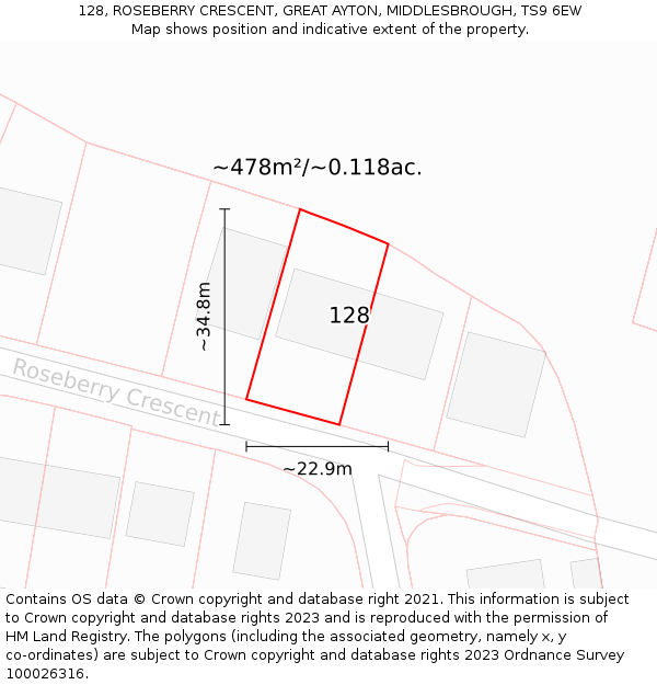 128, ROSEBERRY CRESCENT, GREAT AYTON, MIDDLESBROUGH, TS9 6EW: Plot and title map